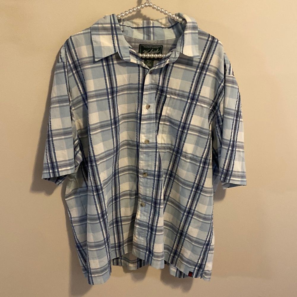Woolrich XL Plaid Short Sleeve Shirt Blue Vented Back Hiking Fishing Outdoor